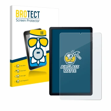 Parte frontal de un envase de producto con el logotipo de la marca BROTECT. Al lado se muestra el dispositivo Samsung Galaxy T