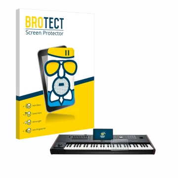 Parte frontal de un envase de producto con el logotipo de la marca BROTECT. Al lado se muestra el dispositivo KORG Pa5X con su