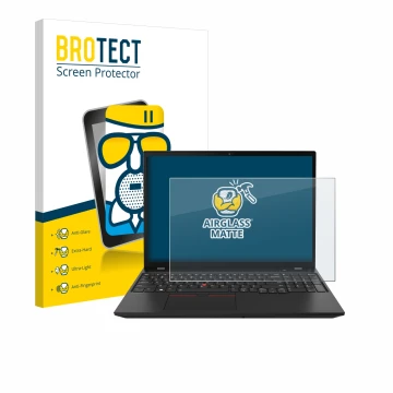 Parte frontal de un envase de producto con el logotipo de la marca BROTECT. Al lado se muestra el dispositivo Lenovo ThinkPad 