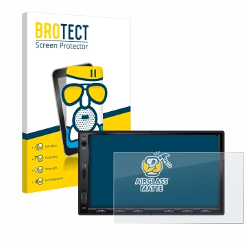 Parte frontal de un envase de producto con el logotipo de la marca BROTECT. Al lado se muestra el dispositivo Atoto F7 WE con 