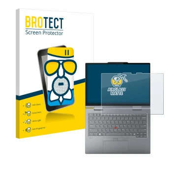 Parte frontal de un envase de producto con el logotipo de la marca BROTECT. Al lado se muestra el dispositivo Lenovo ThinkPad 