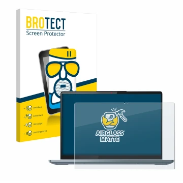 Parte frontal de un envase de producto con el logotipo de la marca BROTECT. Al lado se muestra el dispositivo Lenovo IdeaPad 5