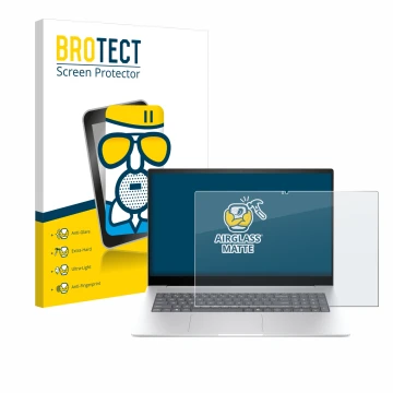 Parte frontal de un envase de producto con el logotipo de la marca BROTECT. Al lado se muestra el dispositivo HP Envy 17 2024 