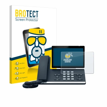 Parte frontal de un envase de producto con el logotipo de la marca BROTECT. Al lado se muestra el dispositivo Yealink SIP-T57W