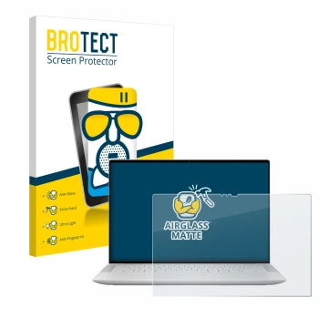 Parte frontal de un envase de producto con el logotipo de la marca BROTECT. Al lado se muestra el dispositivo Dell XPS 14 9440