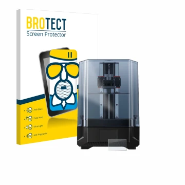 Parte frontal de un envase de producto con el logotipo de la marca BROTECT. Al lado se muestra el dispositivo Anycubic Photon 