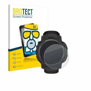 Parte frontal de un envase de producto con el logotipo de la marca BROTECT. Al lado se muestra el dispositivo Garmin Instinct 