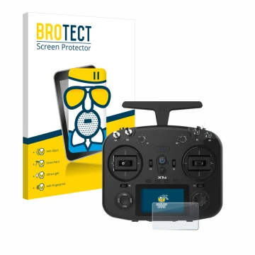 Parte frontal de un envase de producto con el logotipo de la marca BROTECT. Al lado se muestra el dispositivo FrSky TWIN X14 c