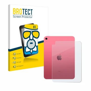 Parte frontal de un envase de producto con el logotipo de la marca BROTECT. Al lado se muestra el dispositivo Apple iPad 10.9