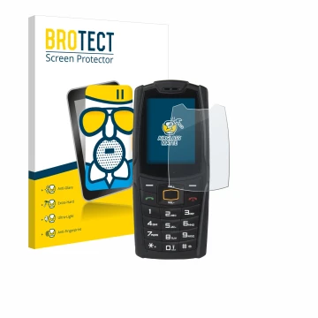 Parte frontal de un envase de producto con el logotipo de la marca BROTECT. Al lado se muestra el dispositivo AGM M6 con su pr