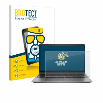 Parte frontal de un envase de producto con el logotipo de la marca BROTECT. Al lado se muestra el dispositivo HP Zbook Power 1