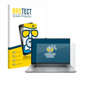 Parte frontal de un envase de producto con el logotipo de la marca BROTECT. Al lado se muestra el dispositivo HP Zbook Studio 