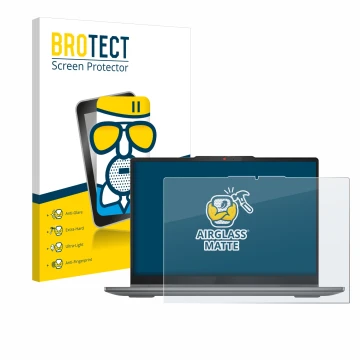 Parte frontal de un envase de producto con el logotipo de la marca BROTECT. Al lado se muestra el dispositivo Lenovo IdeaPad 5