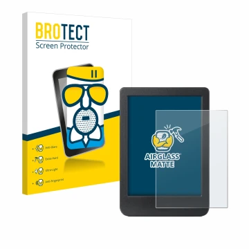 Parte frontal de un envase de producto con el logotipo de la marca BROTECT. Al lado se muestra el dispositivo Kobo Clara BW co