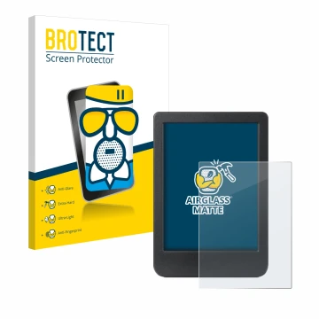 Parte frontal de un envase de producto con el logotipo de la marca BROTECT. Al lado se muestra el dispositivo Kobo Clara Colou