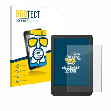 Parte frontal de un envase de producto con el logotipo de la marca BROTECT. Al lado se muestra el dispositivo Tolino Shine 5 C