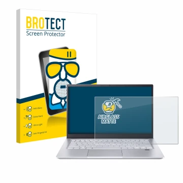 Parte frontal de un envase de producto con el logotipo de la marca BROTECT. Al lado se muestra el dispositivo Acer Swift X 14 