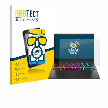 Parte frontal de un envase de producto con el logotipo de la marca BROTECT. Al lado se muestra el dispositivo HP Omen Transcen