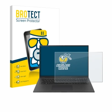 Parte frontal de un envase de producto con el logotipo de la marca BROTECT. Al lado se muestra el dispositivo LG gram Pro 17 2