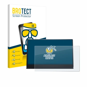 Parte frontal de un envase de producto con el logotipo de la marca BROTECT. Al lado se muestra el dispositivo Dell P1424H con 