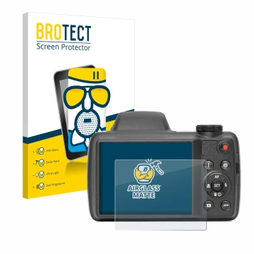 Parte frontal de un envase de producto con el logotipo de la marca BROTECT. Al lado se muestra el dispositivo Kodak Pixpro AZ5
