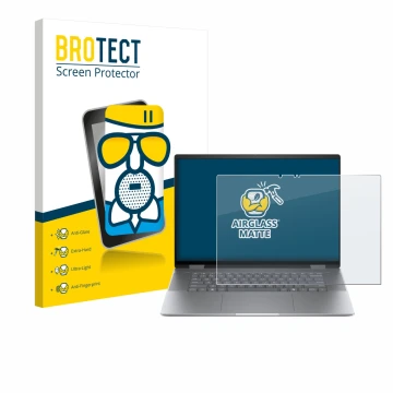 Parte frontal de un envase de producto con el logotipo de la marca BROTECT. Al lado se muestra el dispositivo HP Envy x360 2-i