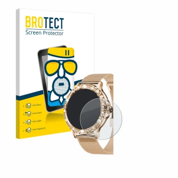 Parte frontal de un envase de producto con el logotipo de la marca BROTECT. Al lado se muestra el dispositivo walkbee Smartwat