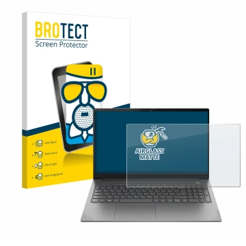 Parte frontal de un envase de producto con el logotipo de la marca BROTECT. Al lado se muestra el dispositivo Lenovo ThinkBook