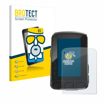 Parte frontal de un envase de producto con el logotipo de la marca BROTECT. Al lado se muestra el dispositivo Wahoo Elemnt Roa