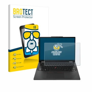 Parte frontal de un envase de producto con el logotipo de la marca BROTECT. Al lado se muestra el dispositivo Lenovo ThinkPad 