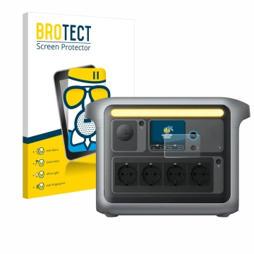 Parte frontal de un envase de producto con el logotipo de la marca BROTECT. Al lado se muestra el dispositivo Anker SOLIX C100