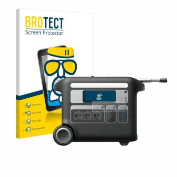 Parte frontal de un envase de producto con el logotipo de la marca BROTECT. Al lado se muestra el dispositivo Anker SOLIX F200