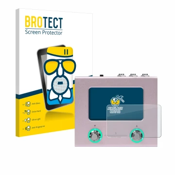Parte frontal de un envase de producto con el logotipo de la marca BROTECT. Al lado se muestra el dispositivo Hotone Ampero Mi