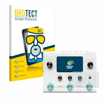 Parte frontal de un envase de producto con el logotipo de la marca BROTECT. Al lado se muestra el dispositivo Hotone Ampero II