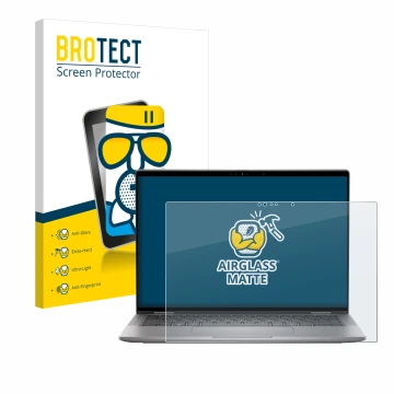 Parte frontal de un envase de producto con el logotipo de la marca BROTECT. Al lado se muestra el dispositivo Dell Latitude 74