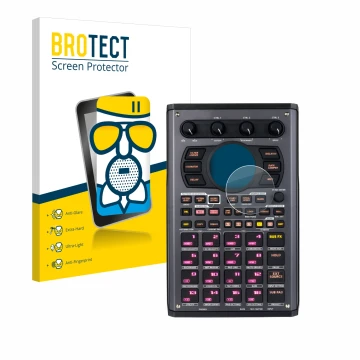Parte frontal de un envase de producto con el logotipo de la marca BROTECT. Al lado se muestra el dispositivo Roland SP-404MKI