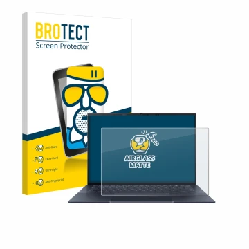 Parte frontal de un envase de producto con el logotipo de la marca BROTECT. Al lado se muestra el dispositivo ASUS ExpertBook 