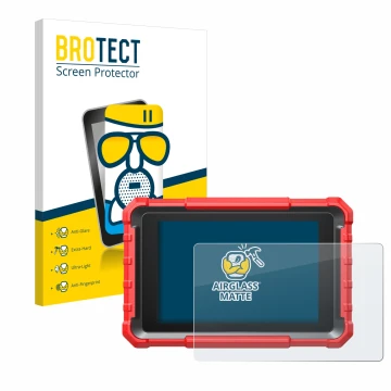 Parte frontal de un envase de producto con el logotipo de la marca BROTECT. Al lado se muestra el dispositivo Launch X-431 PRO