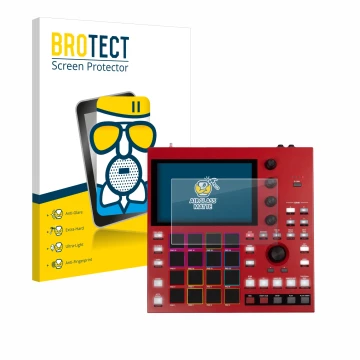 Parte frontal de un envase de producto con el logotipo de la marca BROTECT. Al lado se muestra el dispositivo Akai MPC One+ co