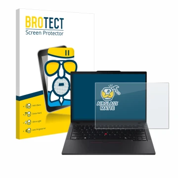 Parte frontal de un envase de producto con el logotipo de la marca BROTECT. Al lado se muestra el dispositivo Lenovo ThinkPad 