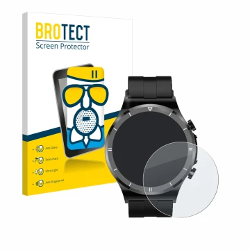 Parte frontal de un envase de producto con el logotipo de la marca BROTECT. Al lado se muestra el dispositivo Sanorum Smartwat