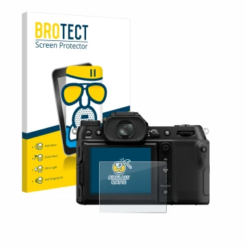 Parte frontal de un envase de producto con el logotipo de la marca BROTECT. Al lado se muestra el dispositivo Fujifilm GFX100S