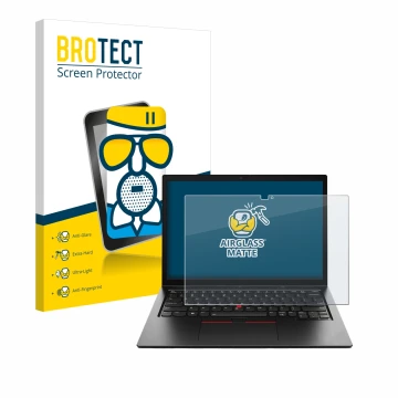 Parte frontal de un envase de producto con el logotipo de la marca BROTECT. Al lado se muestra el dispositivo Lenovo ThinkPad 