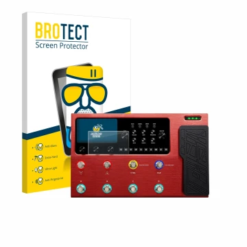 Parte frontal de un envase de producto con el logotipo de la marca BROTECT. Al lado se muestra el dispositivo Valeton GP-200R 