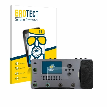 Parte frontal de un envase de producto con el logotipo de la marca BROTECT. Al lado se muestra el dispositivo Mooer GE1000 con