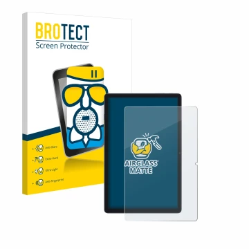 Parte frontal de un envase de producto con el logotipo de la marca BROTECT. Al lado se muestra el dispositivo Blackview Tab 80