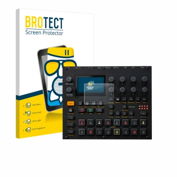 Parte frontal de un envase de producto con el logotipo de la marca BROTECT. Al lado se muestra el dispositivo Elektron Digitak