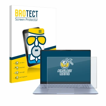 Parte frontal de un envase de producto con el logotipo de la marca BROTECT. Al lado se muestra el dispositivo ASUS Vivobook S1