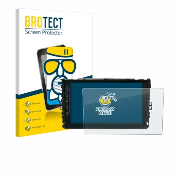 Parte frontal de un envase de producto con el logotipo de la marca BROTECT. Al lado se muestra el dispositivo Dynavin D9-T6 co