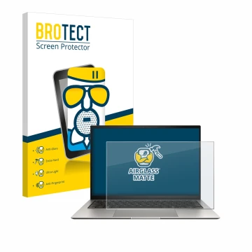 Parte frontal de un envase de producto con el logotipo de la marca BROTECT. Al lado se muestra el dispositivo ASUS ZenBook S 1